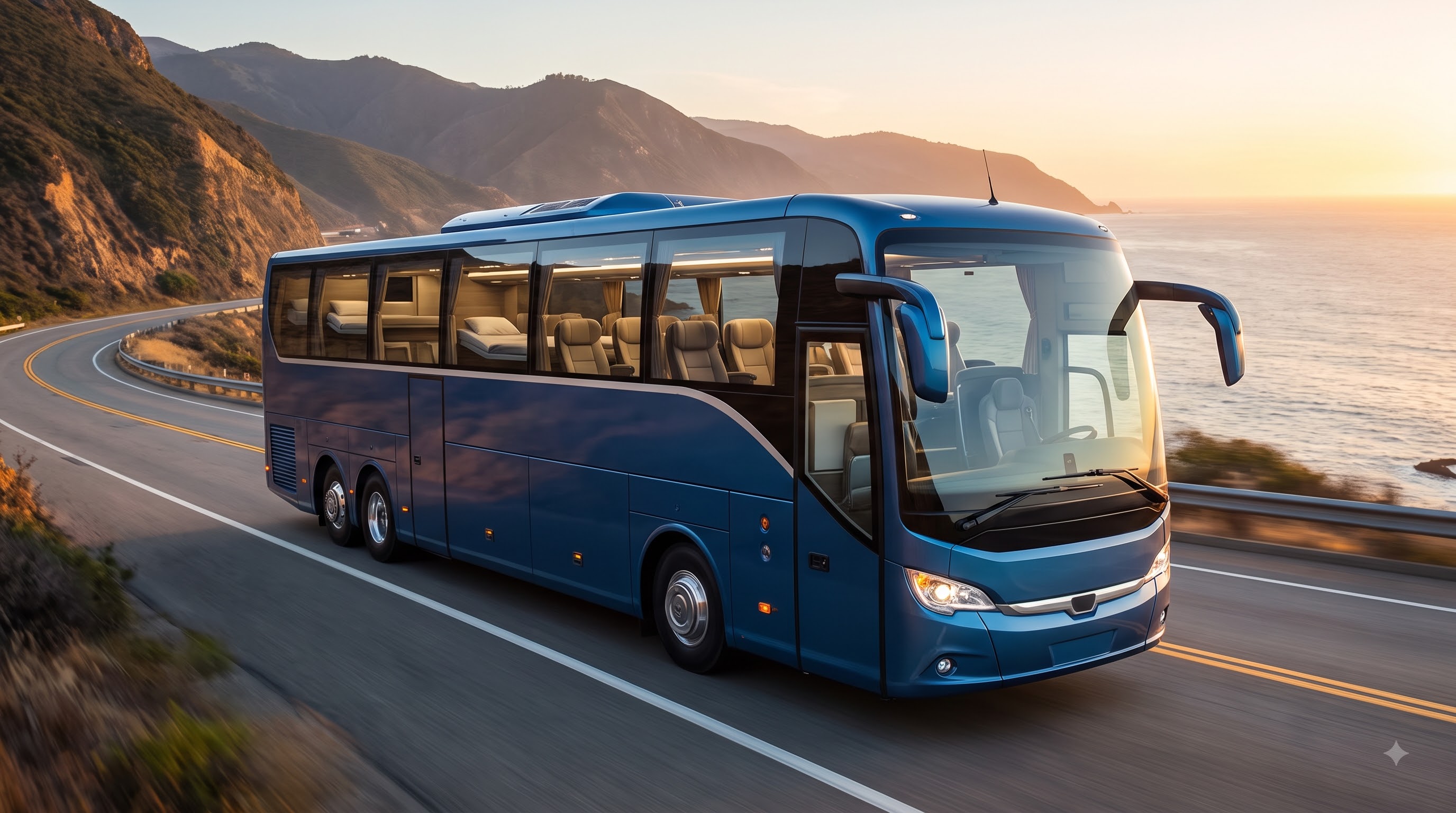 Tour vehicle travelling on a scenic highway